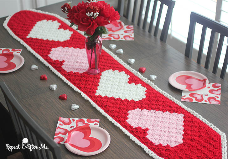 Crochet C2C Valentine's Heart Table Runner Repeat Crafter Me