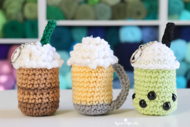 Crochet Beer Mug, Boba Tea, and Frappuccino Keychains