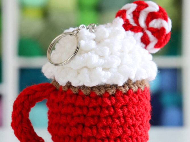 Peppermint Hot Cocoa Cup Crochet Keychain