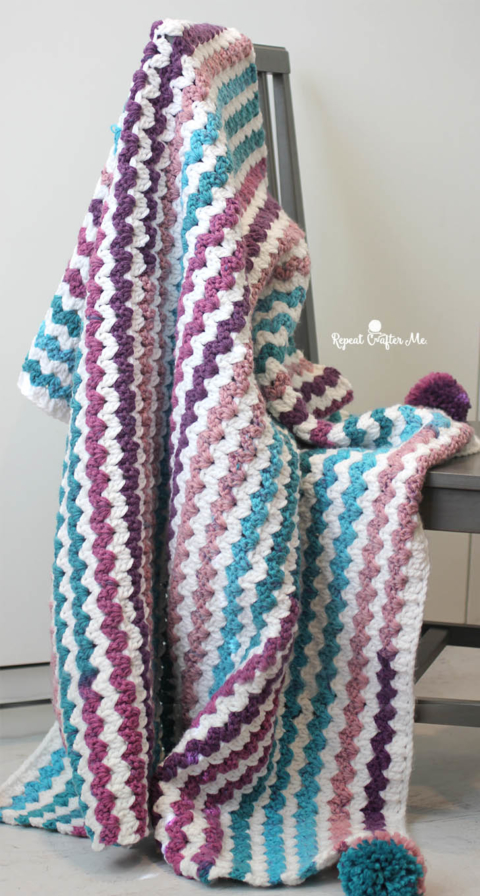 Caron Chunky Cakes Crochet Cluster V-Stitch Blanket - Repeat Crafter Me